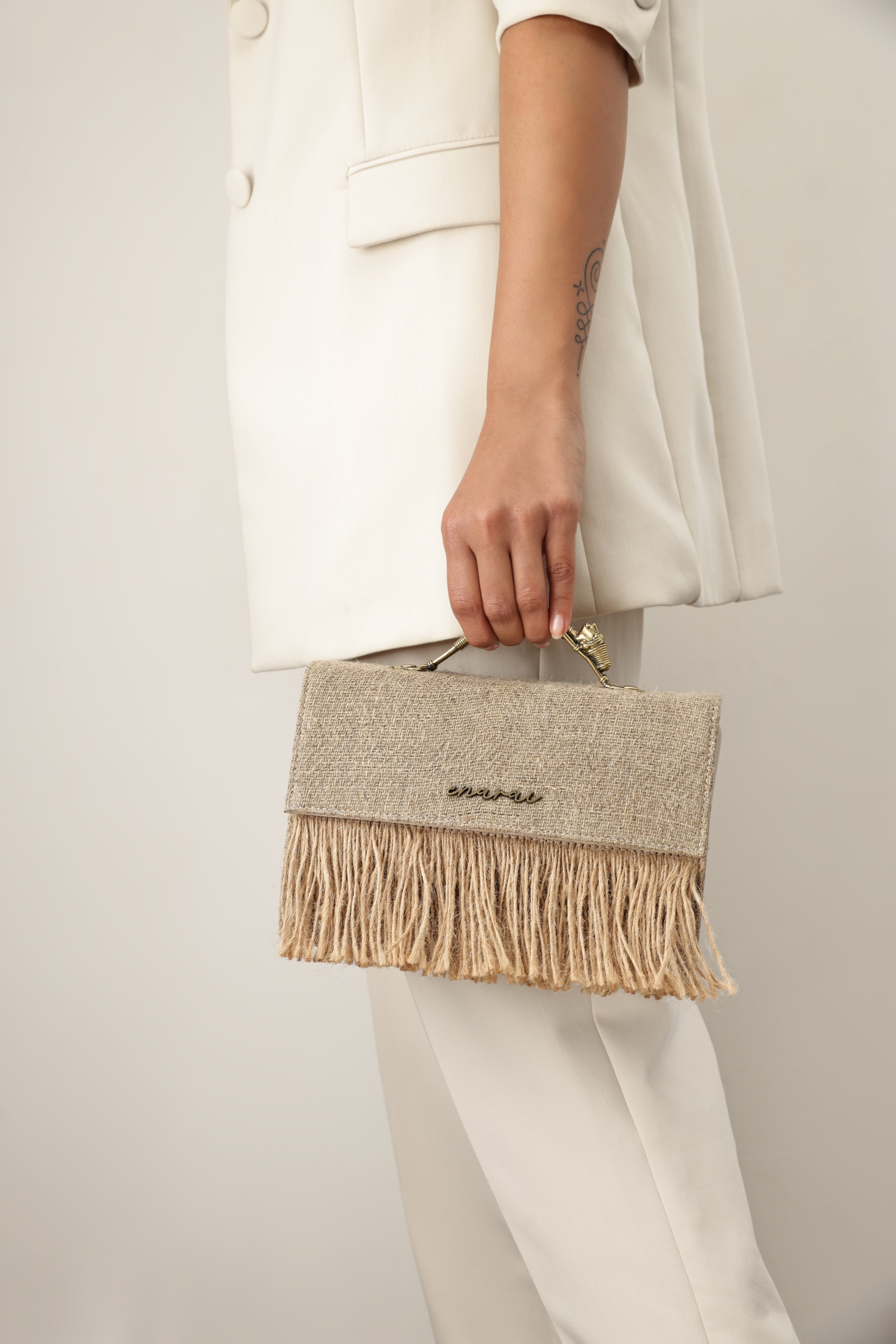 Handwoven Hemp Top Handle Bag with Dokra Detailing – Eco-Friendly Artisan Design