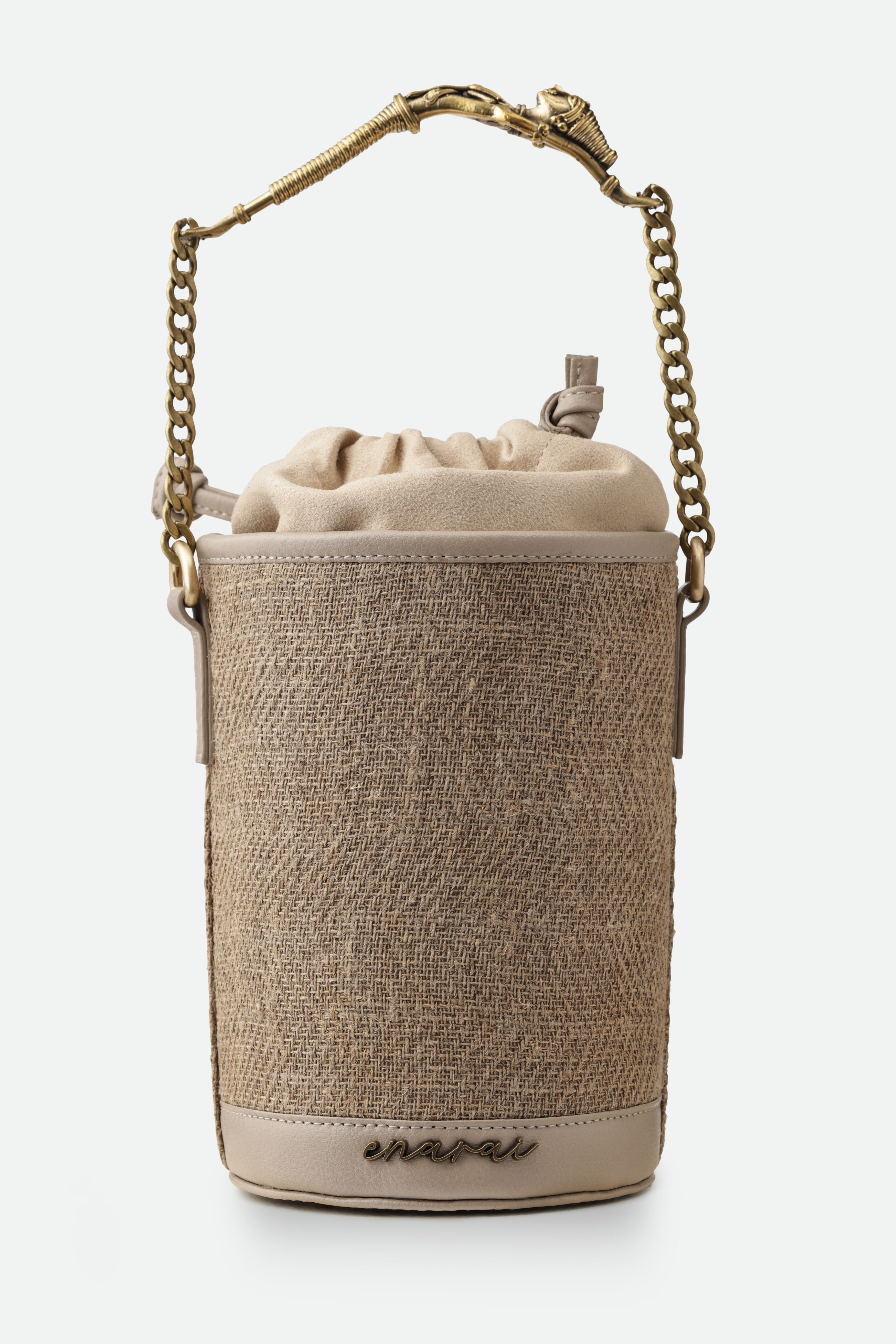Handwoven Hemp Bucket Bag with Dokra Handle – Artisan Craft