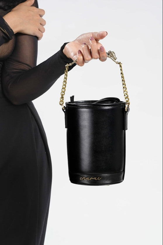 enarai dari noir black leather bucket bag with dokra handle