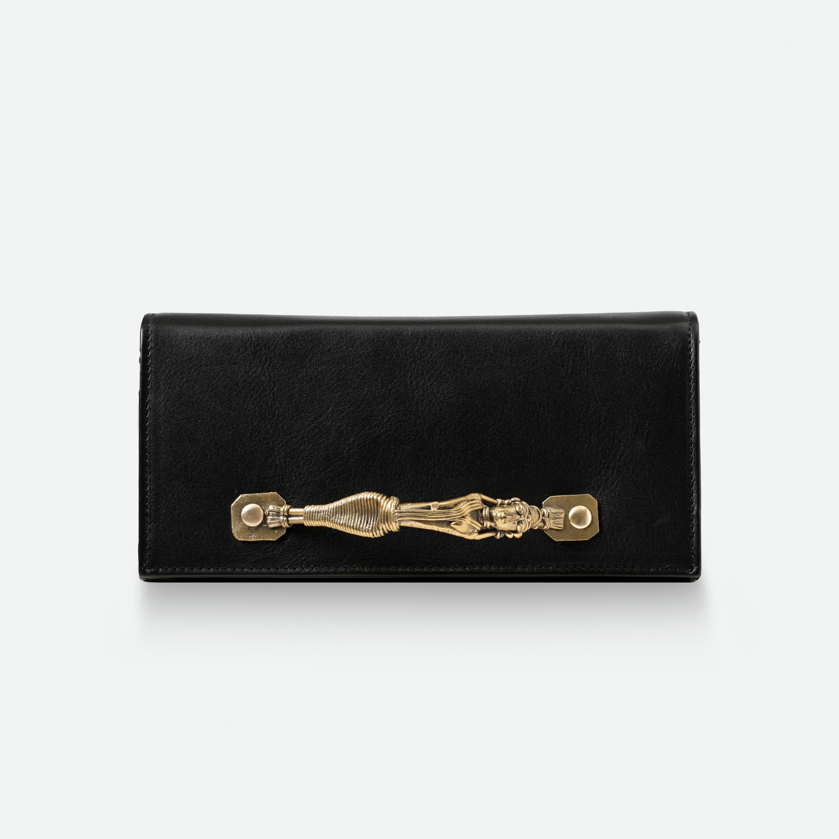 Handcrafted Leather Clutch Bag with Dokra Handle – Unique Artisan Design