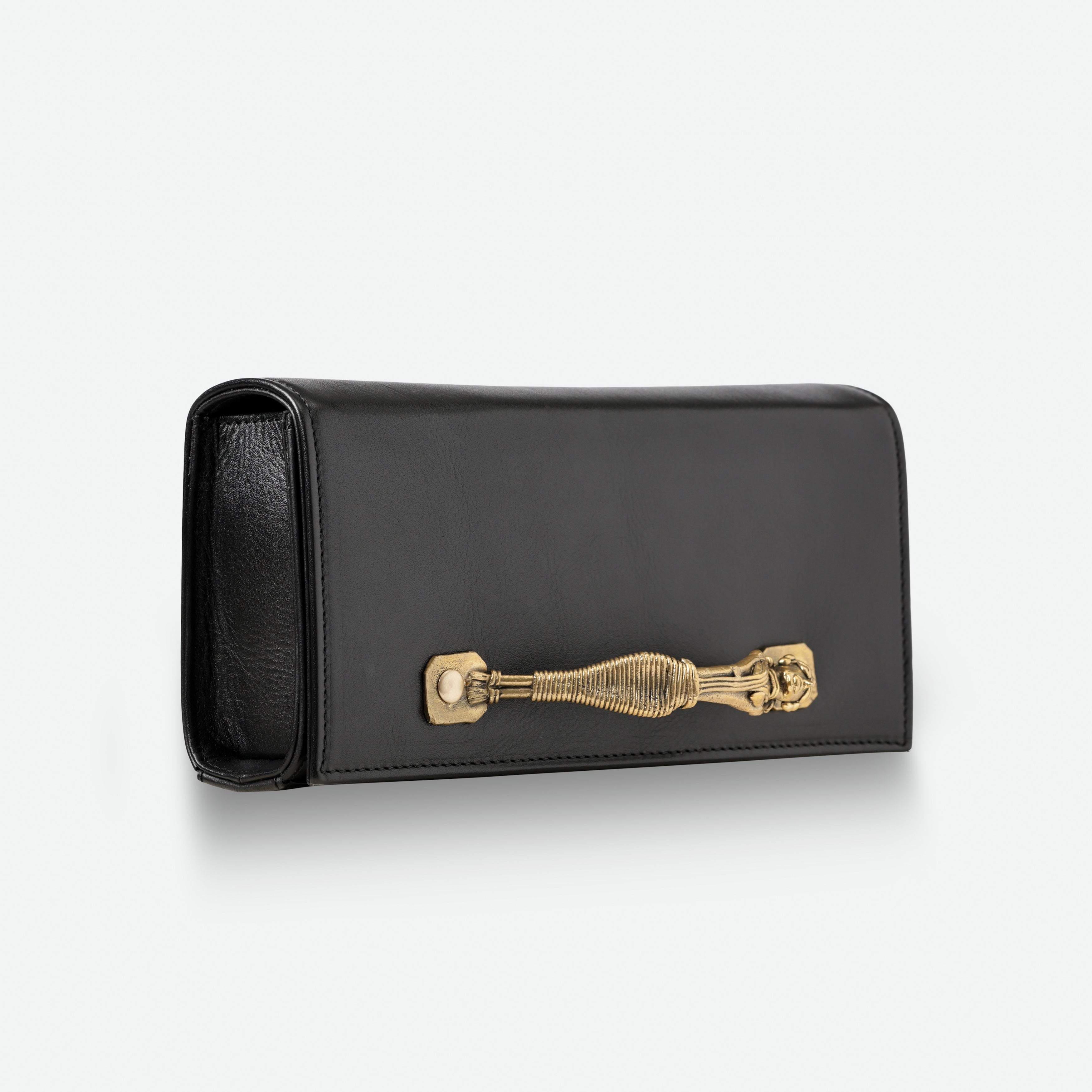Handcrafted Leather Clutch Bag with Dokra Handle – Unique Artisan Design