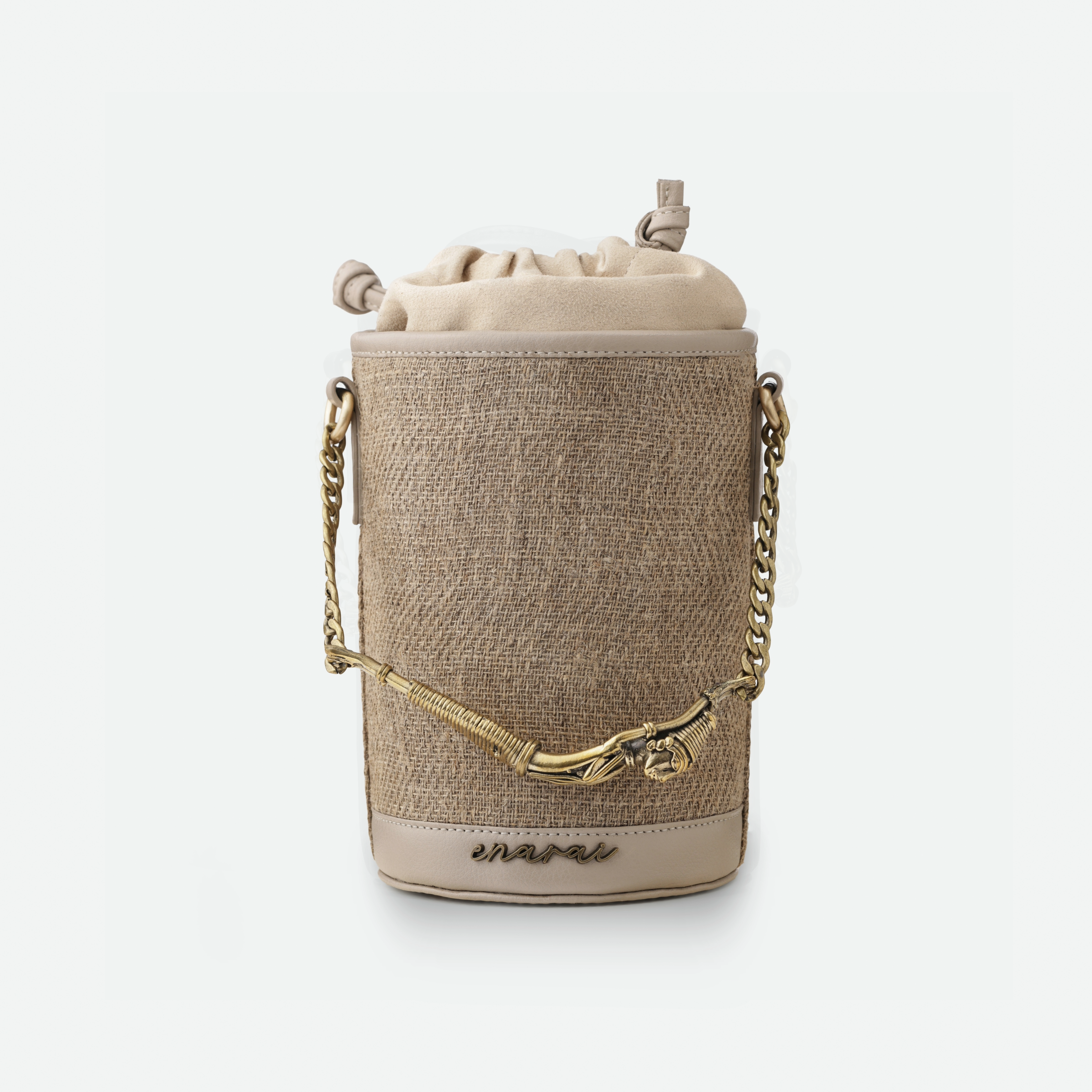 Handwoven Hemp Bucket Bag with Dokra Handle – Artisan Craft