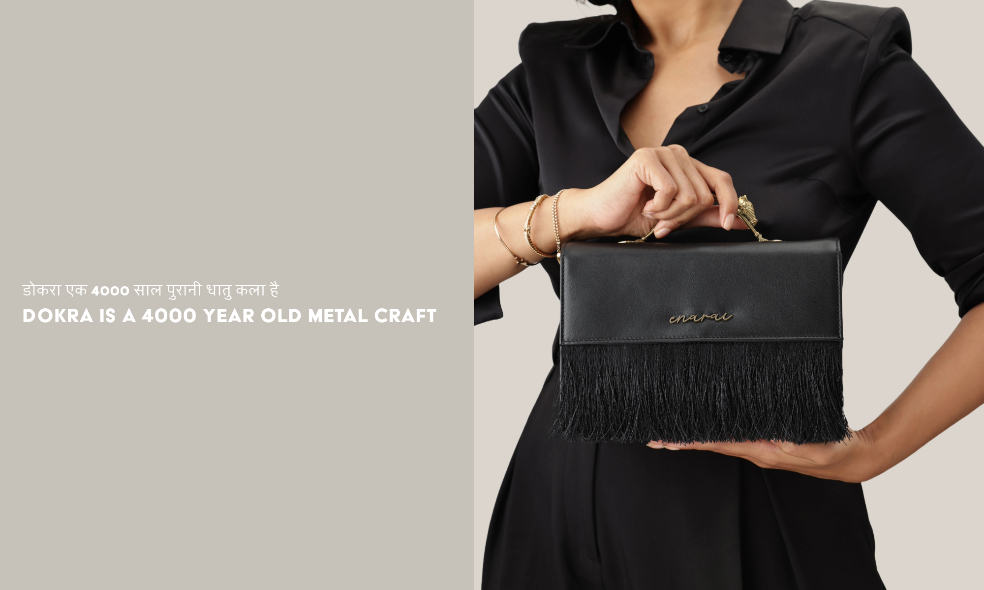 enarai Mayur Noir Leather Top Handle Bag with Dokra Metal casting – sustainable luxury tribal artisan crafted 